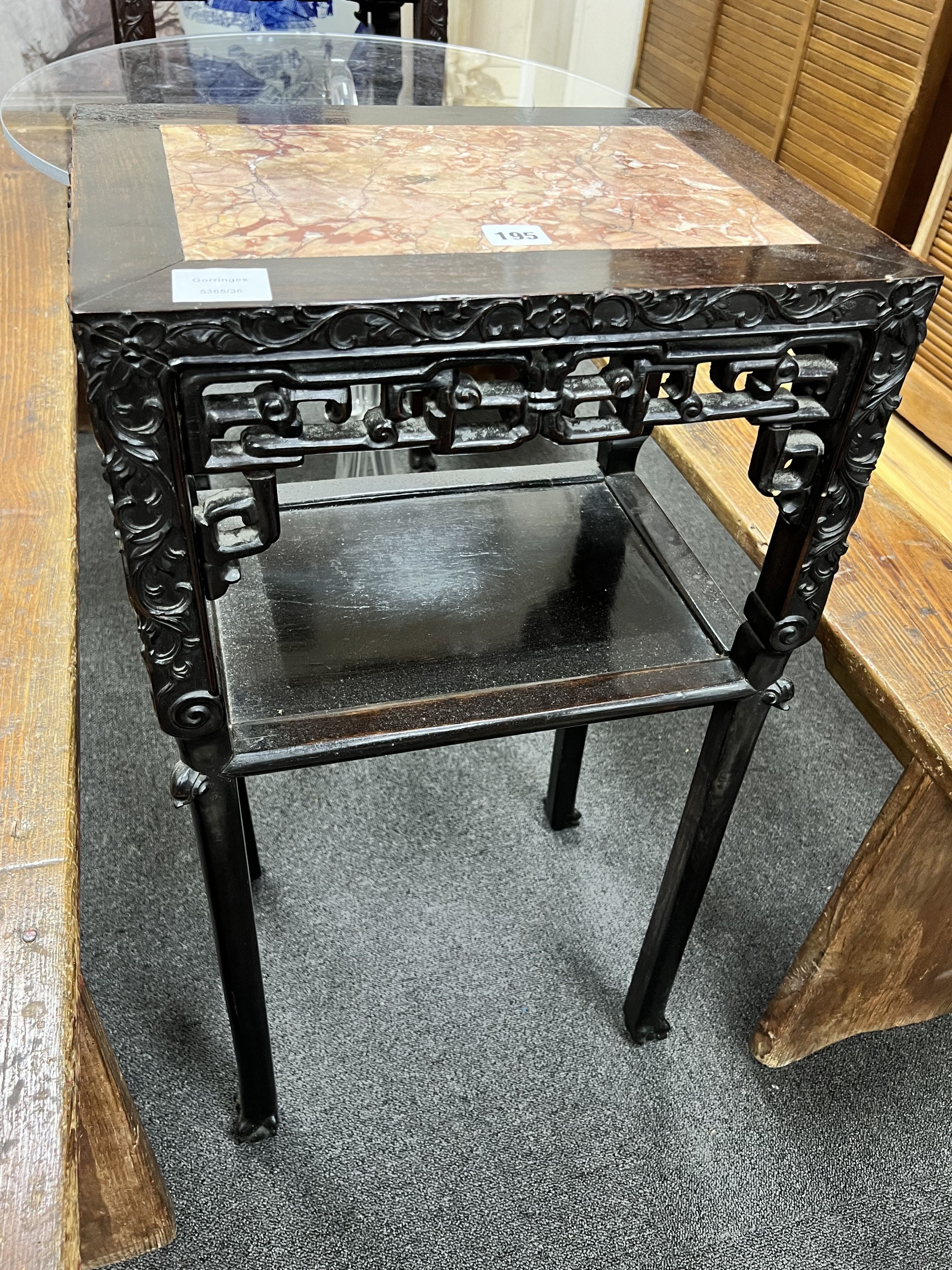 A pair of Chinese rectangular marble inset hardwood vase stands, width 42cm depth 31cm height 80cm